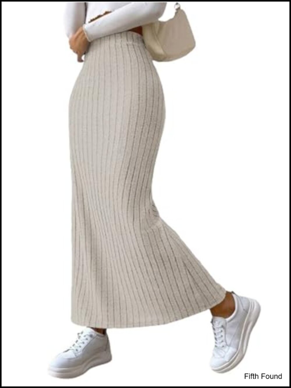 High Waisted Striped Knit Maxi Pencil Skirt Side Slit Stretchy Office